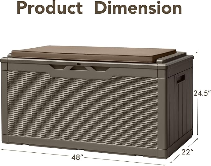 Devoko 100 Gallon Deck Box, Waterproof Resin Outdoor Storage Box with Cushion for Outside, Large Outdoor Storage Bench Cabinet Lockable for Patio Furniture and Garden Tools (Brown)-VerdiqueGarden