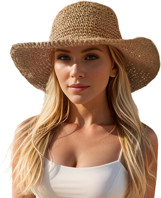 Floppy Big Beach Straw Hats for Women Foldable Summer Wide Brim Packable Sun Hat Womens Travel Straw Fedora Hat-VerdiqueGarden