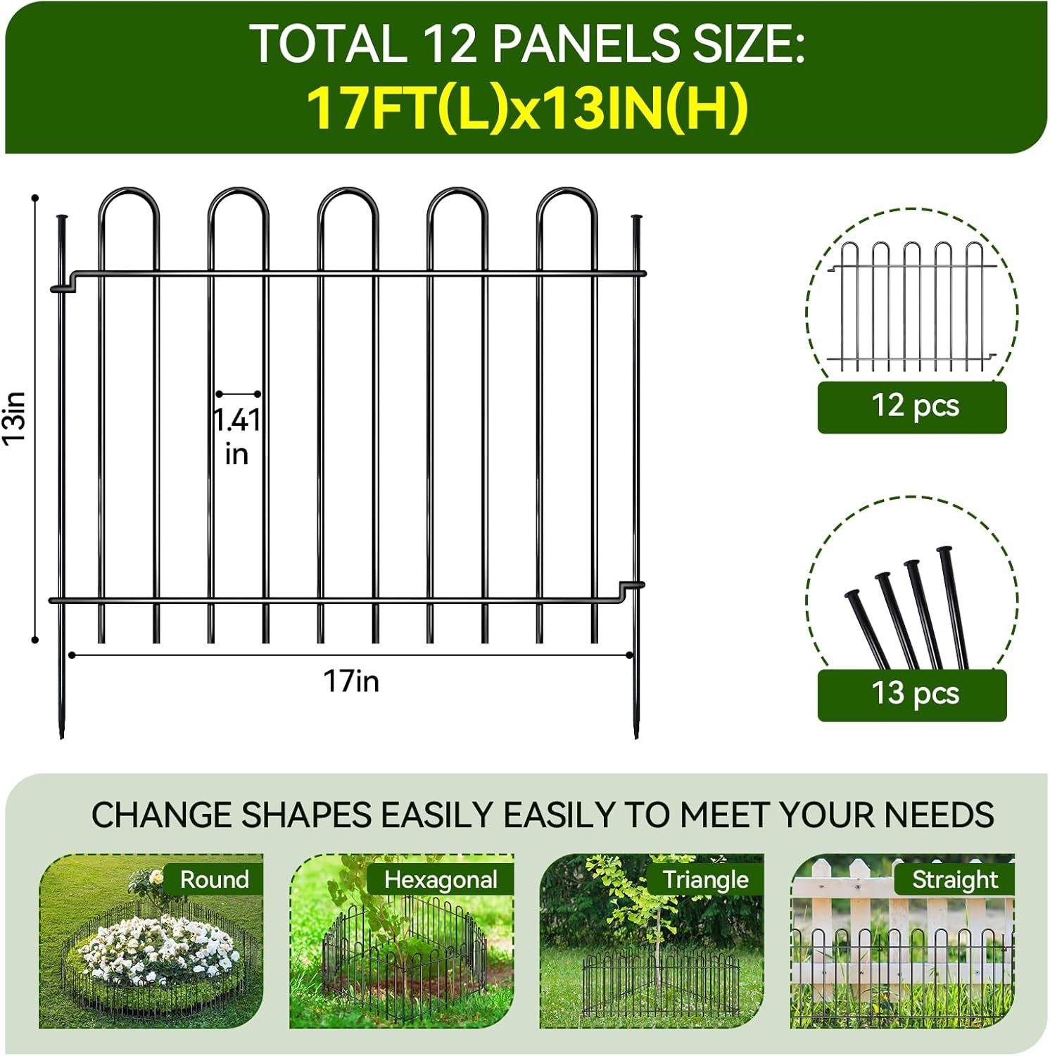 12 Panels Decorative Garden Fence, 17ft X 20in Rustproof Metal Animal Barrier Fence, No Dig Fence Garden Fence, Arched Flower Bed Edging Ornamental Wire Border Fencing for Outdoor Yard, Patio Deco-VerdiqueGarden