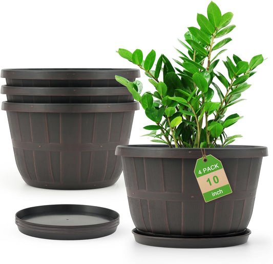Quarut 10 inch Plastic Flower Pots for Outdoor Plants，4 Pack Large Outdoor Planter Pot with Drainage Holes & Saucers，Imitation Wine Barrel Design，for Indoor Outdoor Garden Plants（Brown）-VerdiqueGarden