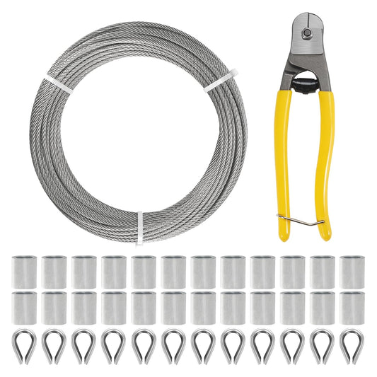 1/8 Inch Stainless Steel Cable Kit 164FT, 7 x 7 Strands Wire Rope with Aluminium Sleeves & Thimbles for Deck Railing, String Light Hanging, Shade Sail, Garden and DIY Projects-VerdiqueGarden