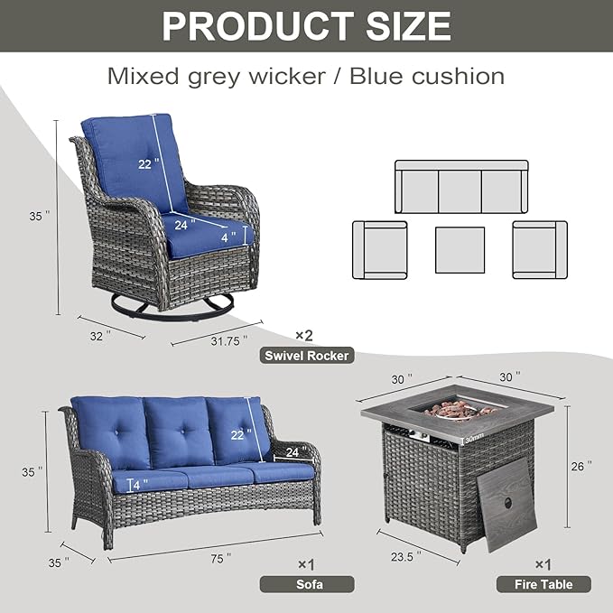 Outdoor Patio Furniture Set with 50000BTU Propane Fire Pit Table, 4 Pieces Wicker Patio Conversation Set with 2 Swivel Rocker Glider Chairs Rattan Sofa Blue Cushion Perfect for Gathering-VerdiqueGarden