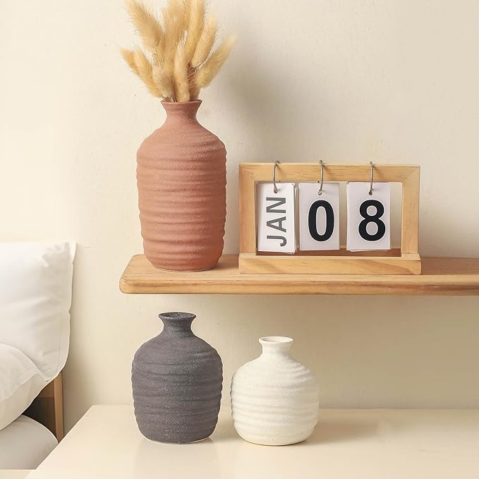 Ceramic Vase Set of 3 Decorative Vase for Home Decor Modern Farmhouse Decor Pottery Neutral Vases for Living Room Bathroom Table Mantel Fireplace Entryway Shelf (02-Brown)-VerdiqueGarden