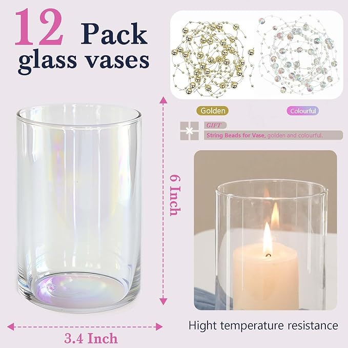 12pc Glass Cylinder Bud Vases for Centerpieces,6 inch Tall Irised Crystal Clear Flower Vases in Bulk,Hurricane Glass Candle Holders for Table Centerpiece Formal Dinners Home Decor-VerdiqueGarden