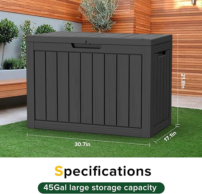 46 Gallon Outdoor Deck Box,Storage Lockable Waterproof Patio Furniture,Garden Tools,Cushions,Pool Accessories Outside Storage Resin Box(Black)-VerdiqueGarden