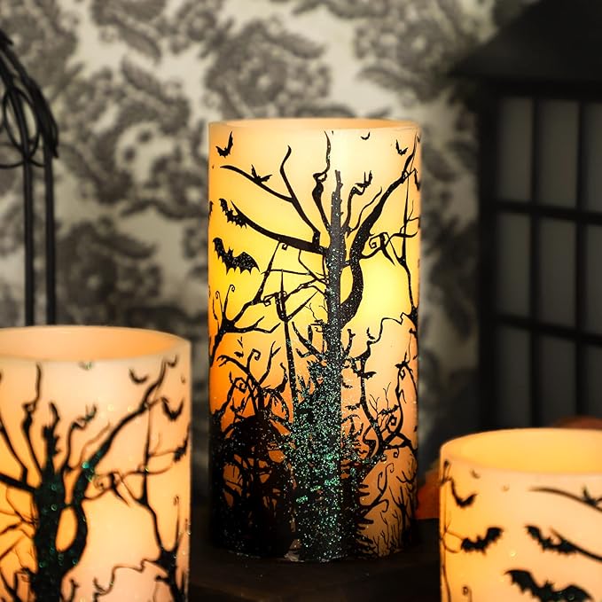 Halloween Decor Flameless Candles Set of 3 Black Spooky Bats Decal Flickering Candles Battery Operated with Remote Real Wax LED Pillar Candles for Halloween Party Horrible Theme Decor-VerdiqueGarden