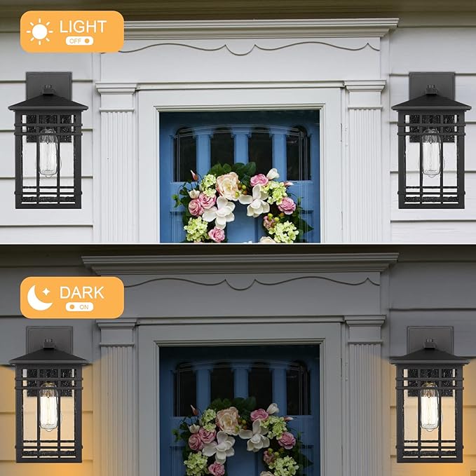 Outdoor Wall Lantern, Exterior Light Fixture Mount, 1-Light Waterproof Lighting With Seeded Glass for Porch, Garage, Patio, Hallway, Entryway, Black-VerdiqueGarden