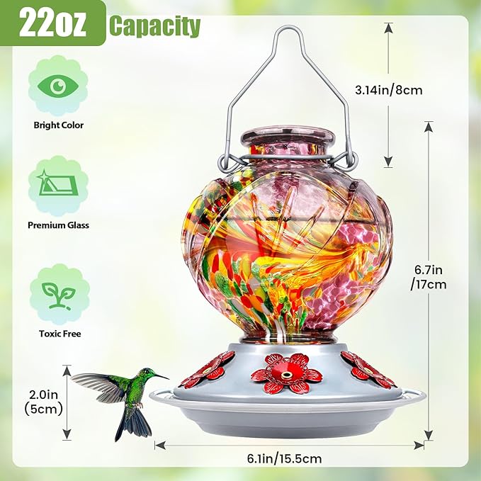 BOLITE Hummingbird Feeder, Hand Blown Glass Hummingbird Feeders for Outdoors Hanging, with Ant Moat and 5 Feeding Ports, 22 Ounces, Peony Flower Shape, Purple, Gifts for Women Men, Gifts for Mom Dad-VerdiqueGarden