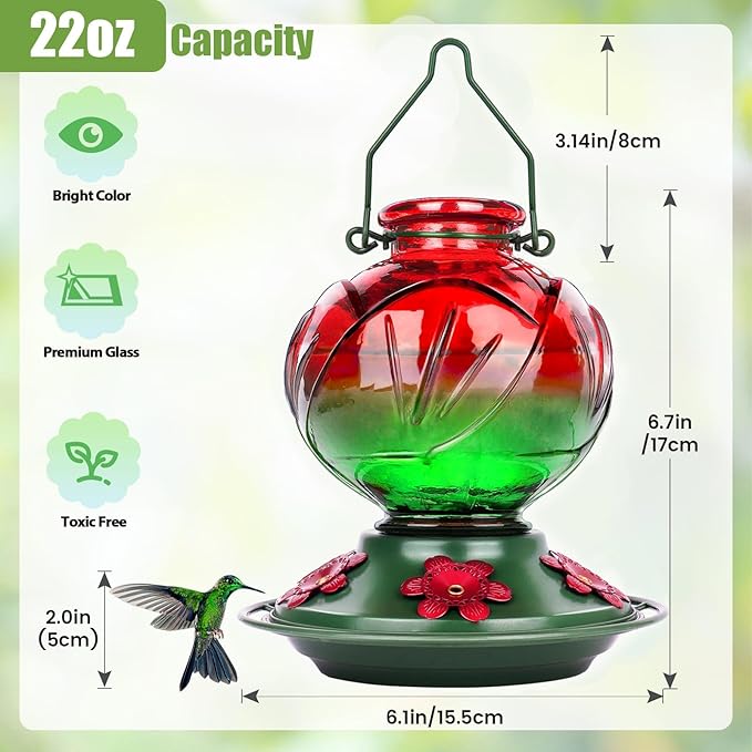 BOLITE Hummingbird Feeder, Glass Hummingbird Feeders for Outdoors Hanging, 22 Ounce, Five Feeding Ports with Perch, Peony Flower Shape, Red and Green, Gifts for Women Men, Gifts for Mom Dad-VerdiqueGarden