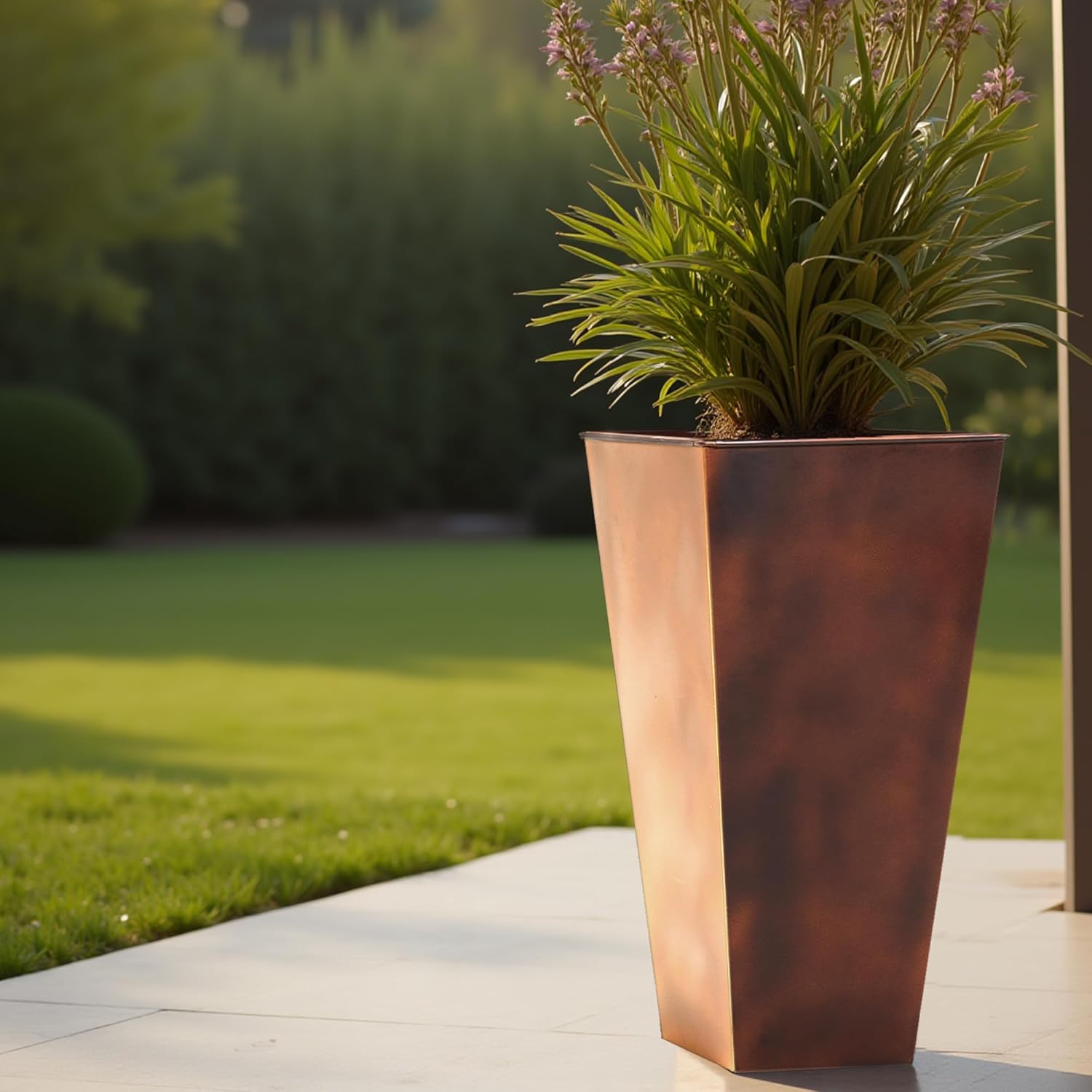 Worth Garden 12" Dia x 28" H Large Metal Planter Set of 2, Matte Bronze Retro Finish Tall Square Tapered Steel Plant Pots, Decor Flower Pots Indoor & Outdoor, Drainage Hole & Dual-Purpose Plant Saucer-VerdiqueGarden