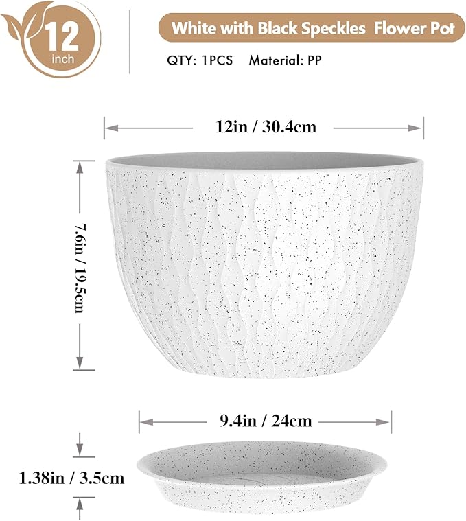 12 Inch Wide Water Ripples Flower Pots for Indoor or Outdoor Plants, Large Plant Pots with Drainage Holes & Saucer, Plastic Planters Set for Garden & Home Decor (White with Black Speckles)-VerdiqueGarden