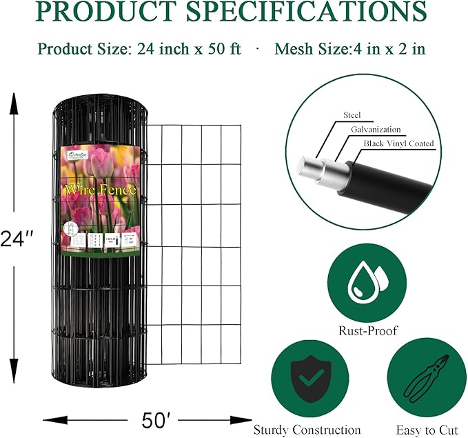 Black PVC Coated Welded Wire Fence 24 Inch x 50 Foot, 2 Inch x 4 Inch 14GA, Garden Border Fencing Roll Vinyl Coated Wire Mesh for Yard Vegetable Plant Protection Poultry Netting-VerdiqueGarden