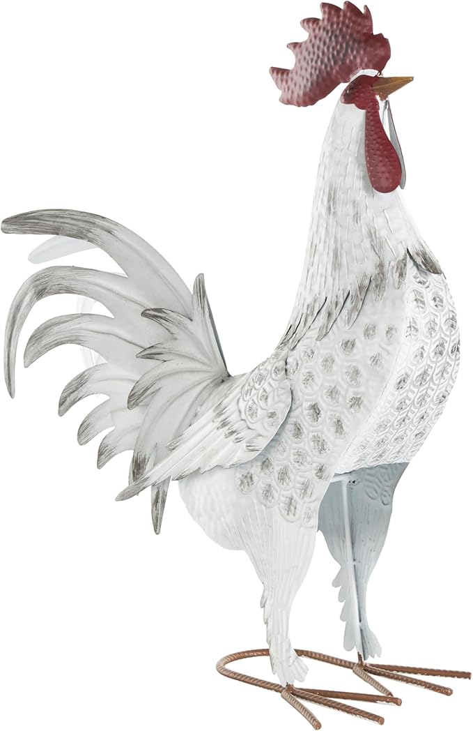 Deco 79 Metal Rooster Decorative Garden Sculpture Garden Statue with Black Texturing and Red Accents, Outdoor Sculpture 15" x 6" x 18", White-VerdiqueGarden