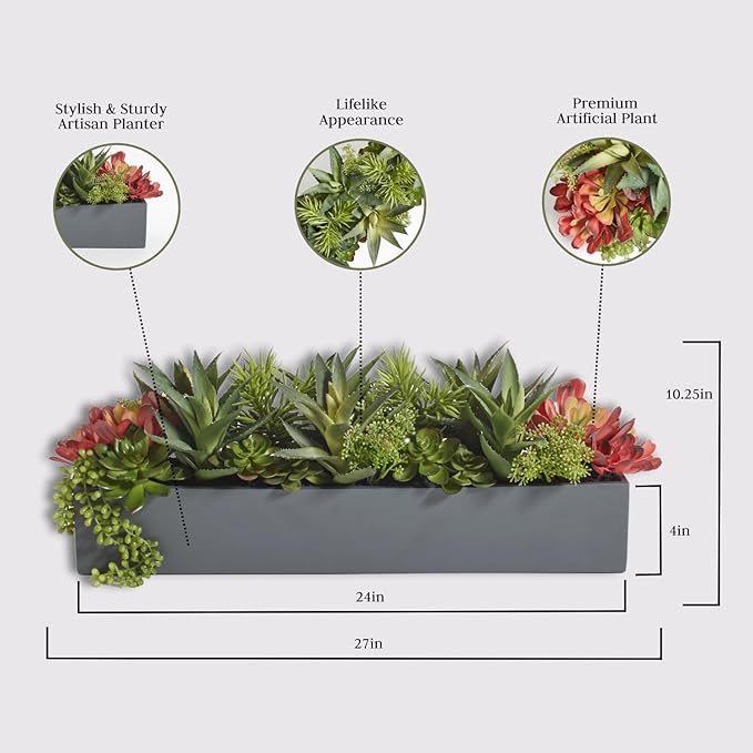 Oblong Faux Succulent Arrangement, Premium Artificial Indoor Plant Enhances Interior Design, Display on any Surface in Your Home Adding an Inviting Touch of Nature, Grey Planter Pot Included-VerdiqueGarden
