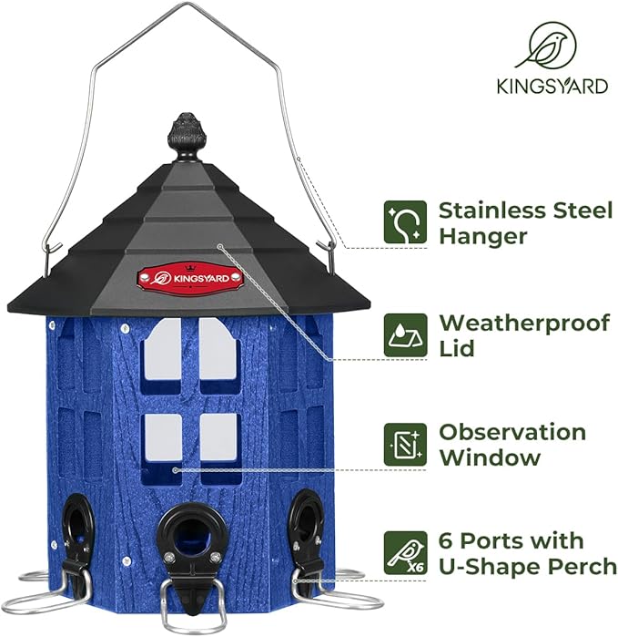 Kingsyard Wild Bird Feeder for Outdoor Hanging, Recycled Plastic Bird Feeders with 6 Ports & U-Shape Perch, Garden Yard Outside Decoration, 3.5 lbs Seed Capacity, Blue-VerdiqueGarden