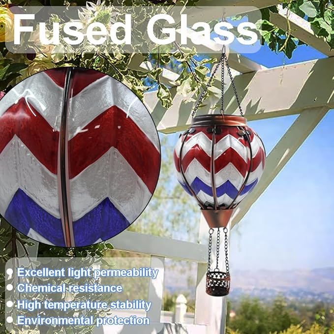 Hot Air Balloon Solar Lantern with Flickering Flame, Glass Hanging Garden Lights Outdoor Waterproof for Tree Yard Patio Mother's Day Gift, 18" H Wavy-Blue Red White-VerdiqueGarden