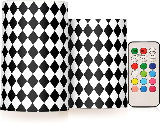 Flickering Flameless Candles, Black White Rhombuses Checkered LED Candles with Remote Timer, Set of 2 Battery Operated Candle for Valentine Wedding Birthday-VerdiqueGarden