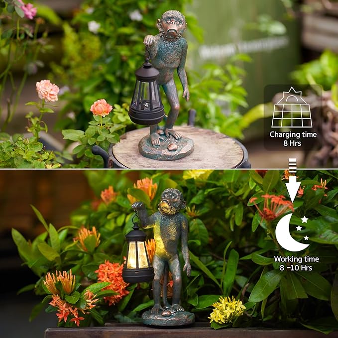 Garden Statue Monkey Figurine - Monkey Decor with Solar Powered Led Lights for Patio Lawn Balcony Yard - Ideal Gift for Women Moms Grandma Housewarming (Copper)-VerdiqueGarden