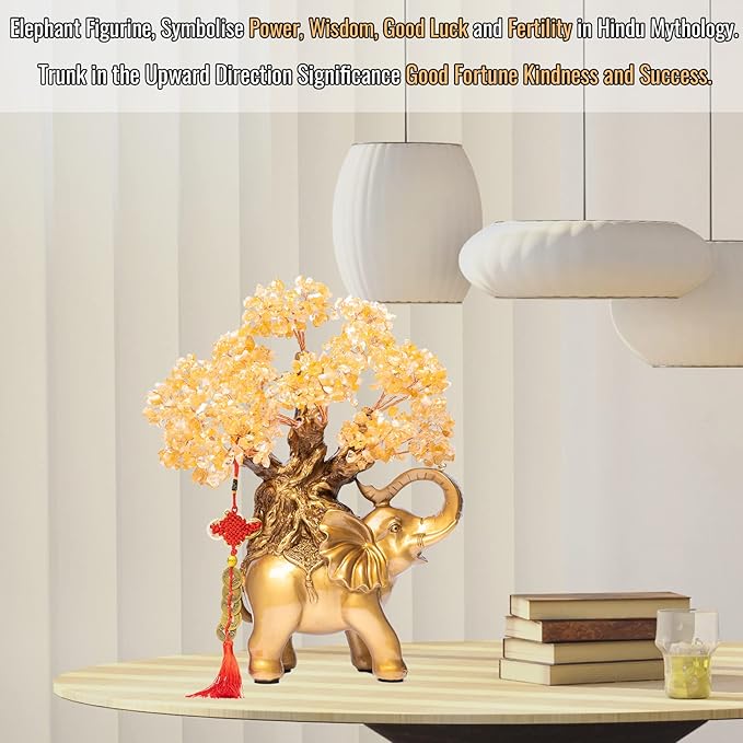 Citrine Crystal Money Tree on Gold Elephant Statue, 17”Large Gemstone Bonsai Tree of Life Home Décor Gifts for Wealth Positive Energy, Feng Shui Décor-VerdiqueGarden