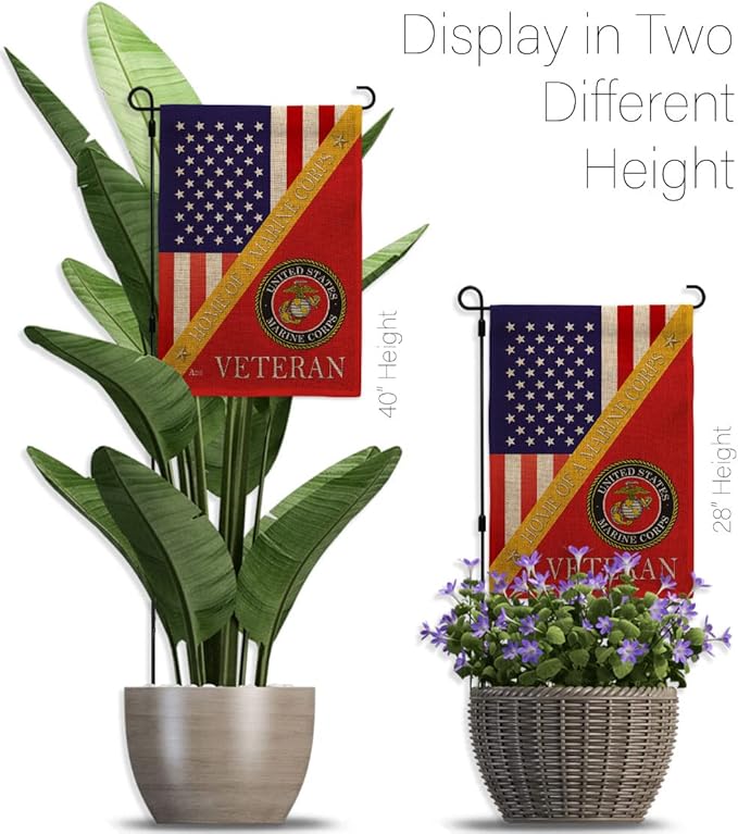 Home of Marine Corps Burlap Garden Flag - Set with Stand Armed Forces USMC Semper Fi United State American Military Veteran Retire Official House Banner Cemetery Yard Rememberance Veterans Day Gifts-VerdiqueGarden