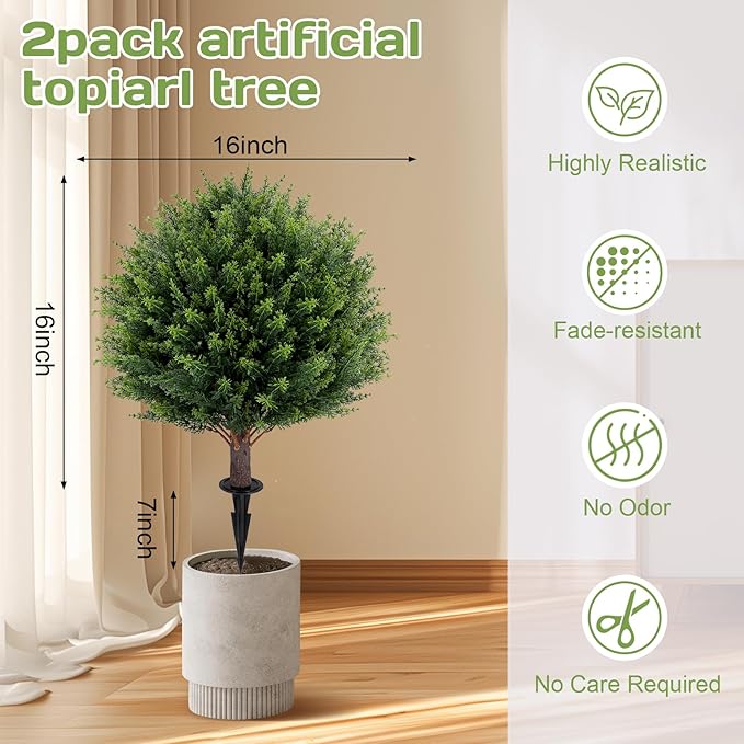 Artificial Cedar Topiary Ball Tree 23" with Ground Spike, Set of 2 Artificial Boxwood Bushes for Faux Shrubs, Fake Evergreen Faux Plant for Indoor Outdoor Porch Garden- UV Resistant – Fade-Proof-VerdiqueGarden