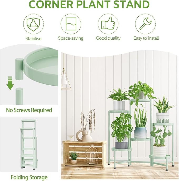 iDavosic.ly 6 Tier Large Plant Stand Indoor, 10 Inch Wide Tall Corner Metal Plant Stands Outdoor for Multiple Plants, Folding Tiered Flower Display Holder Rack Shelf, Light Green-VerdiqueGarden