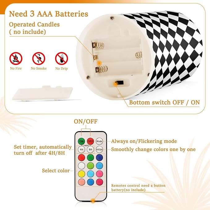 Flickering Flameless Candles, Black White Rhombuses Checkered LED Candles with Remote Timer, Set of 2 Battery Operated Candle for Valentine Wedding Birthday-VerdiqueGarden
