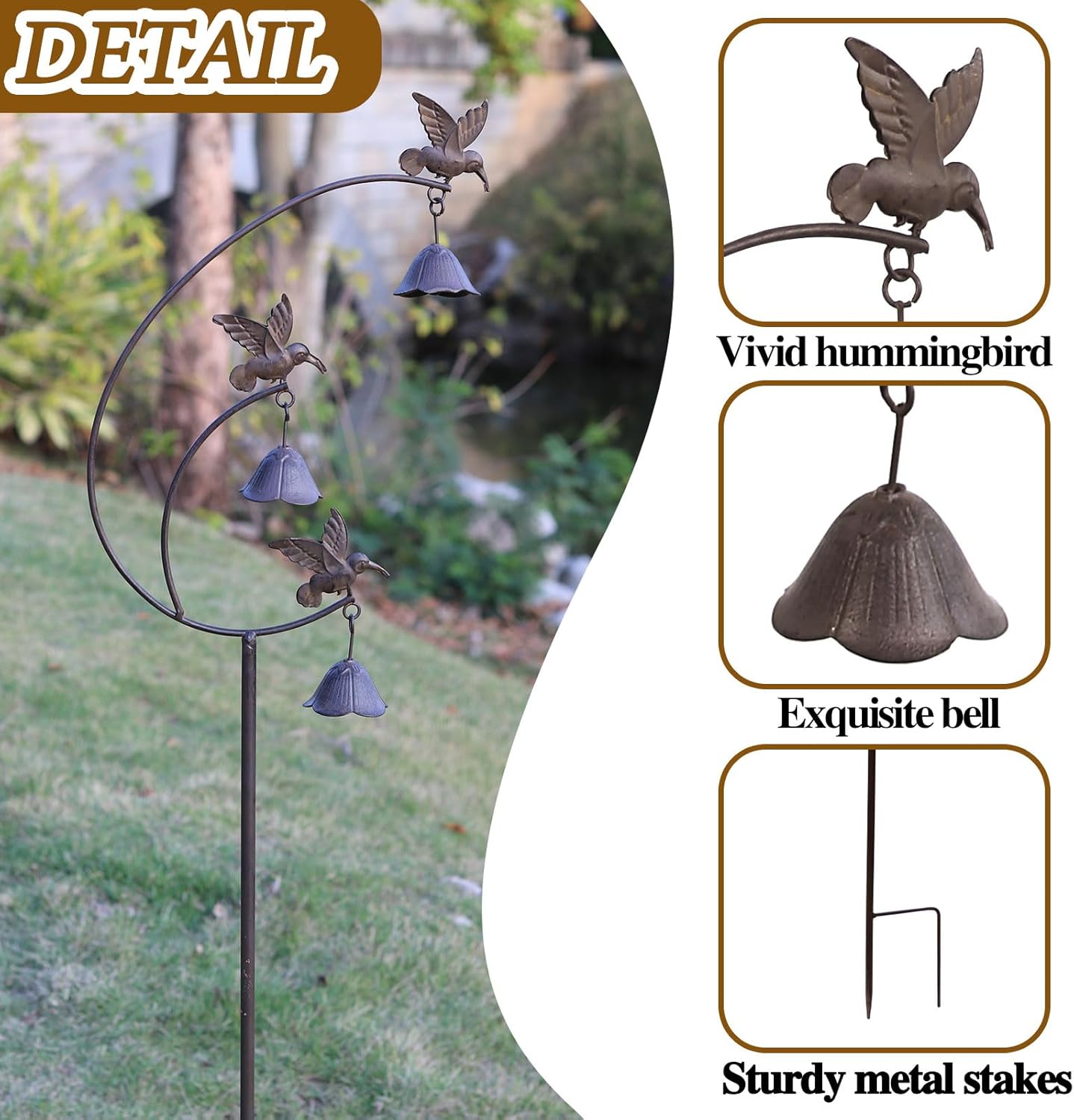 Gardens Metal Hummingbirds with Bells for Outside Garden Art,Decorative Garden Stakes-VerdiqueGarden
