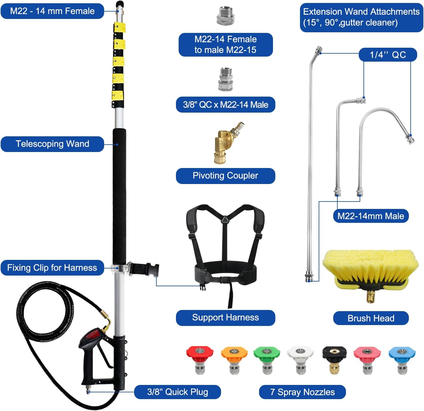 RAYNEL 25FT Telescoping Pressure Washer Extension Wand with Brush Head,2 Power Washer Extension Wands, Gutter Cleaner Attachment,7 Spray Nozzle Tips,Support Belt and 2 Hose Adapters-VerdiqueGarden