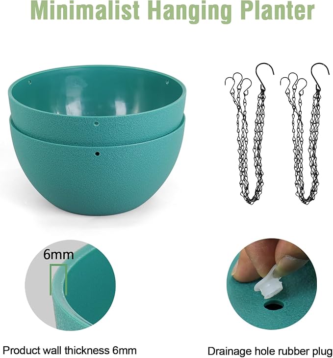 10 inch Hanging Planters for Indoor Outdoor Plants, 2 Pack Hanging Flower Pots with Drainage Holes and Chain for Garden Porch, Plastic Hanging Baskets for House Plants, Blue Green-VerdiqueGarden