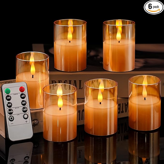 6Pack Glass Flickering Flameless Candles with Remote, 2"X3" Real Wax Votive Candles Battery Operated, Small Electric LED Candles for Wedding Home Decor, w/4 Timers+2 Lighting Modes [Gold]-VerdiqueGarden