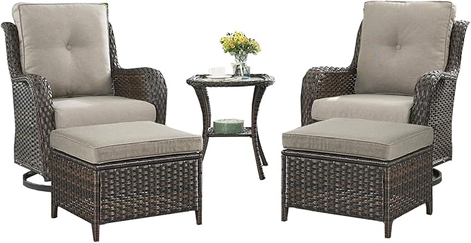 Outdoor Wicker Patio Furniture Set - 5 Pieces Rattan Patio Conversation Set with 2 Rocking Swivel Chairs,2 Ottomans and 1 Side Table for Porch Deck Backyard Garden(Brown/Grey)-VerdiqueGarden
