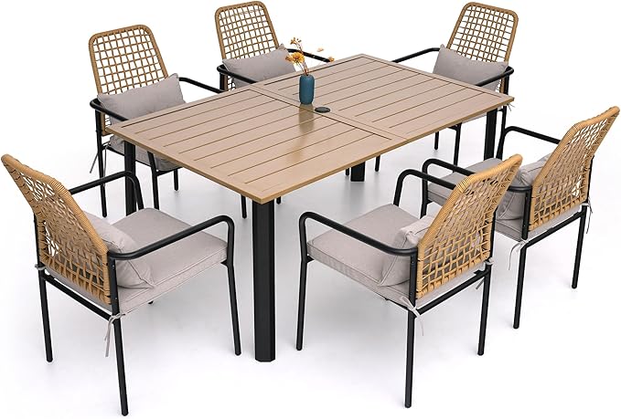 Outdoor Patio Table for 6 Person, Patio Dining Rectangle Table with 1.57" Umbrella Hole for Garden Lawn Backyard Parties, Black Metal Frame 63" L x 38" W x 29" H Brown-VerdiqueGarden