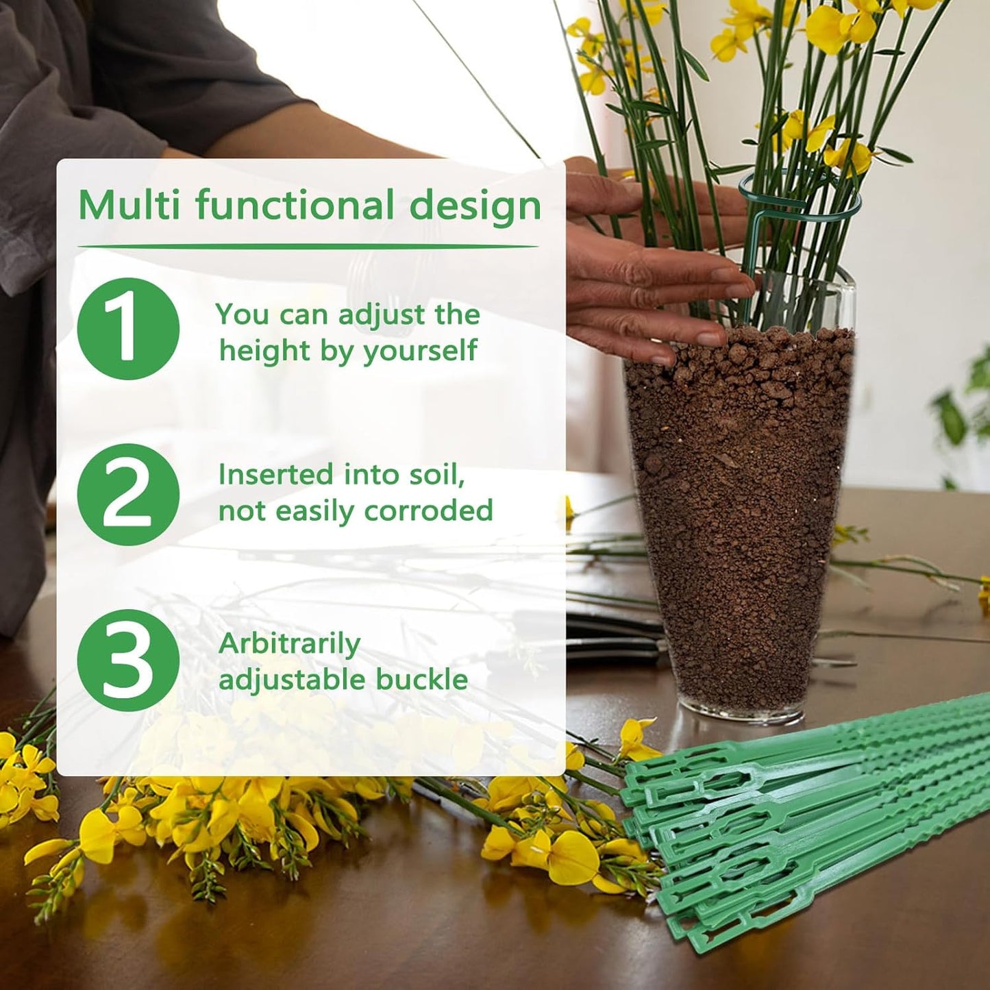 Huakaile 4 Packs Adjustable 23.6" Plant Stakes and Supports with 30 Pieces 9" Twist Ties, Green Plant Holder Stick Outdoor Indoor, Metal Flower Support Stakes Rings for Gardens Vegetables (60 cm)-VerdiqueGarden