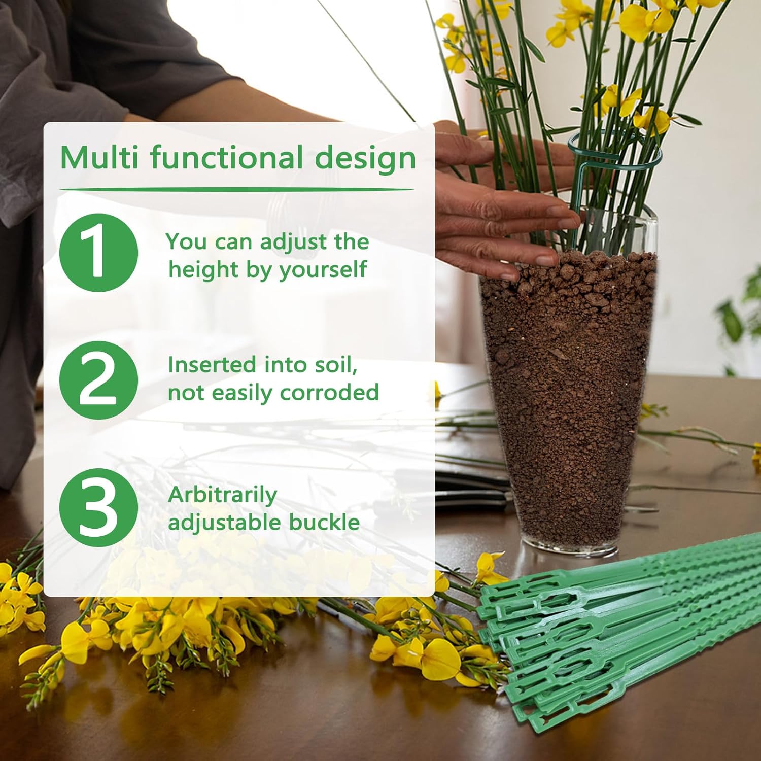 Huakaile 4 Packs Adjustable 23.6" Plant Stakes and Supports with 30 Pieces 9" Twist Ties, Green Plant Holder Stick Outdoor Indoor, Metal Flower Support Stakes Rings for Gardens Vegetables (60 cm)-VerdiqueGarden