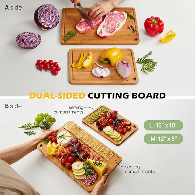Butcher Block 2-Pcs Carbonized Bamboo Cutting Board Set With Juice Groove For Meal Prep & Cheese Serving - Ideal Kitchen Gift Set of 2 (M+L)-VerdiqueGarden