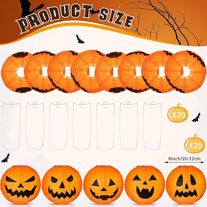 Retisee 20 Pcs 8 Inch Halloween Pumpkin Paper Lantern Halloween Jack O Lantern Paper Lantern Orange Pumpkin Lantern for Halloween Party Halloween Pumpkin Hanging Paper Lantern for Indoor Outdoor Decor-VerdiqueGarden