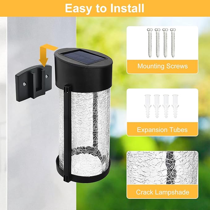 Solar Outdoor Wall Lights Fixture Set of 2 Porch Lights Crackled Glass Diffuser with Warm White LED-VerdiqueGarden