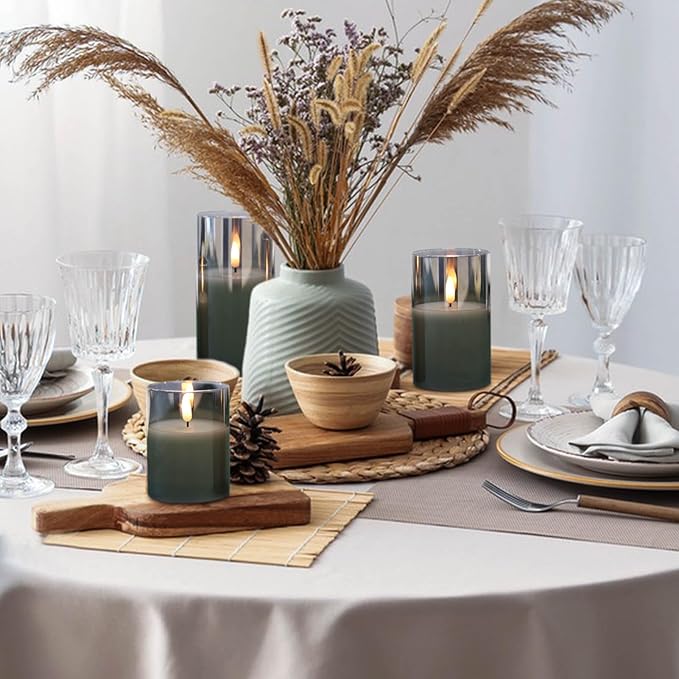 Glass Rechargeable Flameless Candles with Remote Timer, Realistic 3D Wick LED Battery Operated Candles with Flickering Flame,Home Decoration for Wedding Birthday Festival(Grey)-VerdiqueGarden