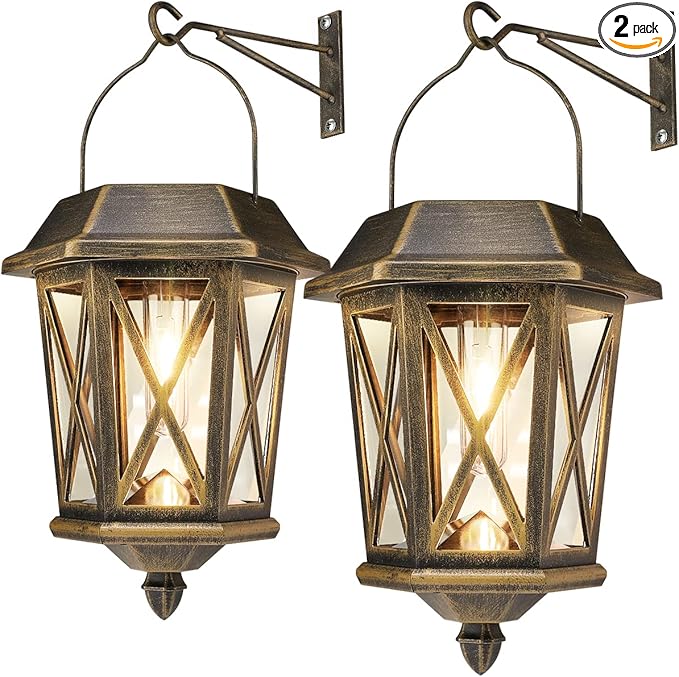 Solar Lantern Outdoor Waterproof, Metal Solar Lights Outdoor with Clear Glass, LED Solar Powered Lights Wall Mount for Yard Garden Wall Outdoor, Bronze - 2 Pack-VerdiqueGarden
