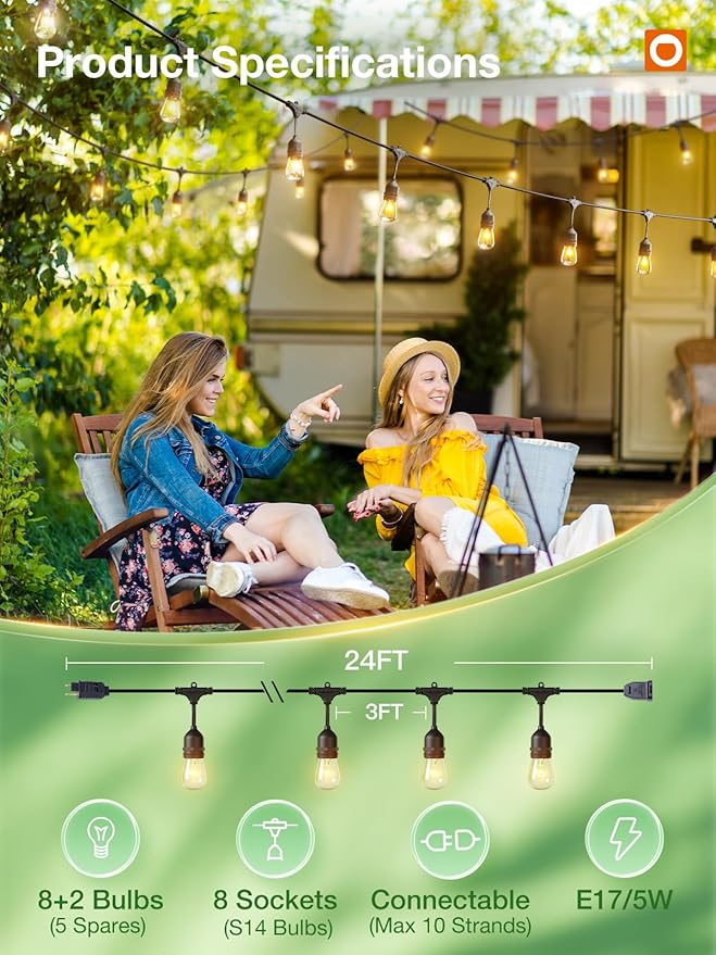 addlon 24FT Outdoor String Lights Commercial Grade Weatherproof Strand Edison Vintage Bulbs, ETL Listed Heavy-Duty Decorative Café Market Patio Lights for Bistro Classic Black-VerdiqueGarden