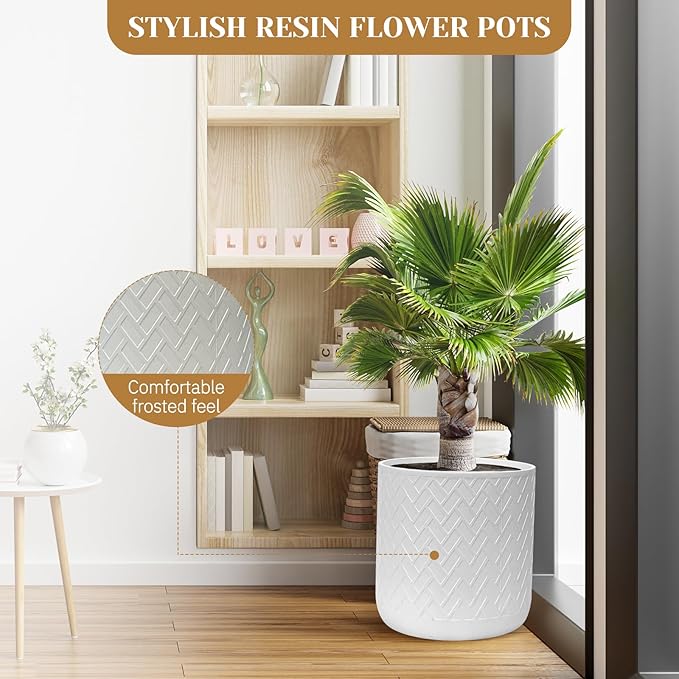 12 Inch Flower Pot Without Bracket with Drainage Holes Suitable for Indoor and Outdoor Decorative Planting (White Rectangle, 12 Inches)-VerdiqueGarden