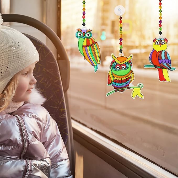 Winlyn 24 Sets Owl Suncatchers Ornaments Decorations DIY Window Paint Art Suncatchers Owl Craft Kits Sun Catchers for Kids Home Classroom Winter Holiday Season Fall Christmas Activities Party Favors-VerdiqueGarden