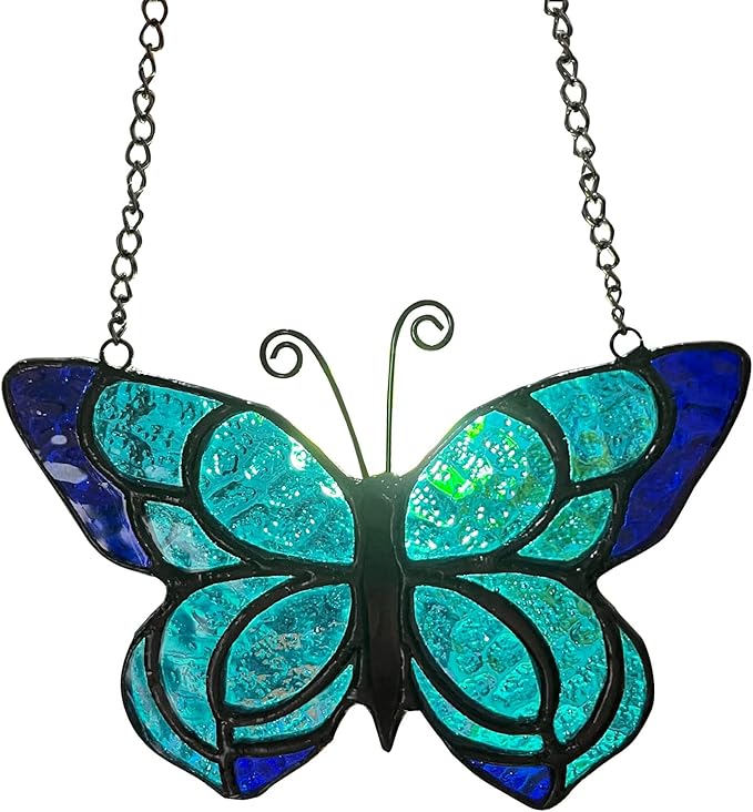 Blue Butterfly Suncatcher Stained Glass Window Hanging Panel Christmas Decor,Glass Butterfly Gift for Mom, Women 5.9×5.3Inch-VerdiqueGarden