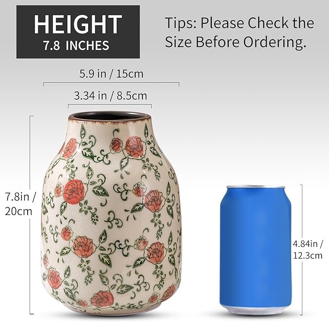 Green and Beige Vintage Round Vase, Red Rose Chinoiserie Floral Vase, Farmhouse Antique Decorative Ceramic Flower Vases for Bouquet, Home Decor, Living Room, Bookshelf, Office, Tuscan Decor 7.8 Inch-VerdiqueGarden