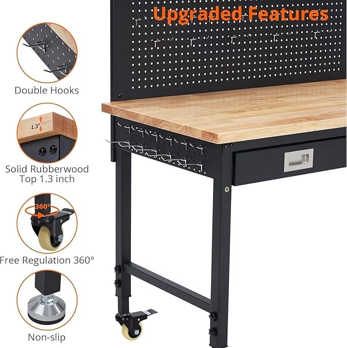 48'' Adjustable Workbench on Wheels, 2000LBS Heavy Duty Worktable with Power Outlets & Drawers & Pegboard, Rubberwood Workstation for Workshop, Garage, Office, Home-VerdiqueGarden