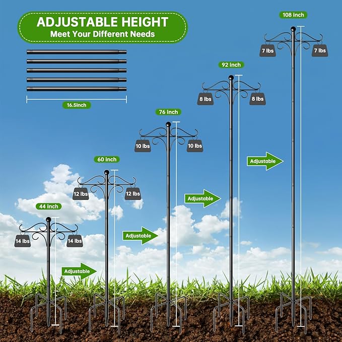 Shepherds Hooks for Outdoor, 108 Inch Heavy Duty Bird Feeder Pole with 5 Prongs Base, Adjustable Shepherds Hook for Hanging Birdhouses, Lanterns, Plant Baskets, Wind Chimes-VerdiqueGarden