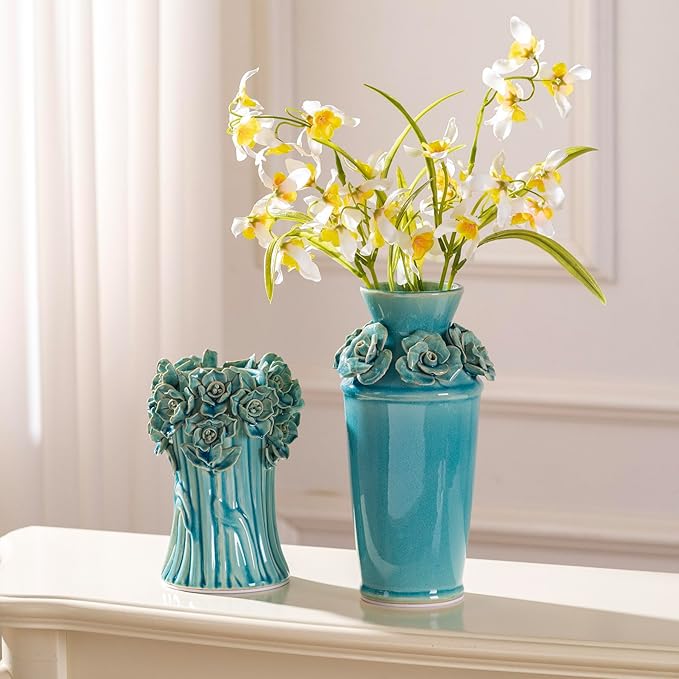 Handmade 3D Ceramic Flower Blue Bud Vase for Centerpieces, Decorative Blue Flower Vases for Wedding Reception, Home Decor, Living Room, Cottage Core Decor, Jarrones Decorativos para Sala 8.7 Inch-VerdiqueGarden