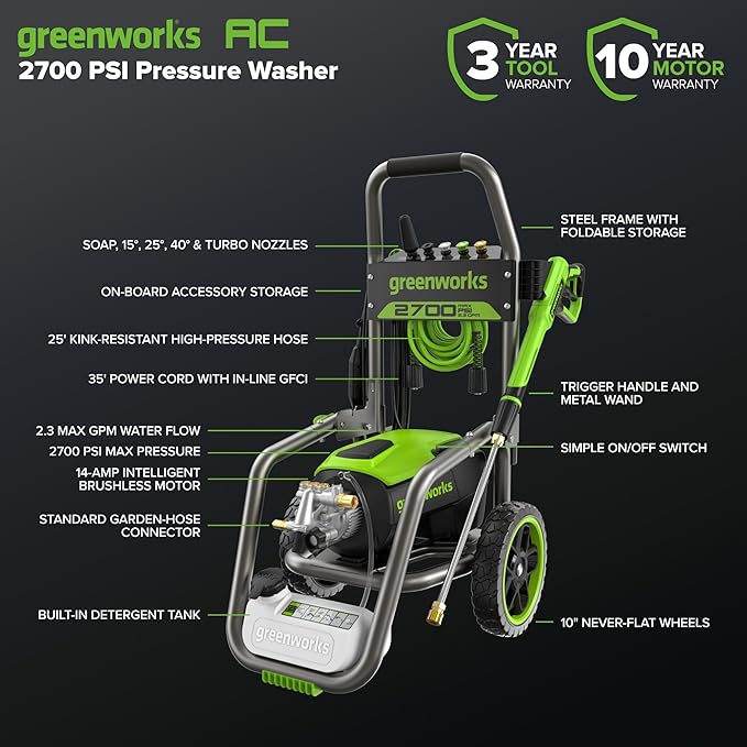 Greenworks Pro Brushless 2700 PSI (CSA Certified) 2.3 GPM Max / 1.2 GPM Electric Pressure Washer (Foldable Handles, Rugged Steel Frame, 25 FT Hose, 35 FT GFCI Power Cord)-VerdiqueGarden