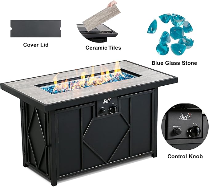 BALI OUTDOORS Fire Pit Table Propane Gas Firepit Rectangular Fire Table 42In 60,000 BTU for Outside Patio Backyard Deck Balcony-VerdiqueGarden